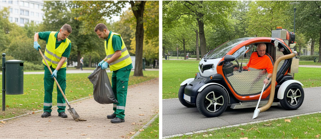 Vergleich: Zwei Mitarbeitende bei manueller Hundekotbeseitigung mit Schaufel neben kompaktem Spezialfahrzeug mit Saugsystem im Park – kommunaler Kontext