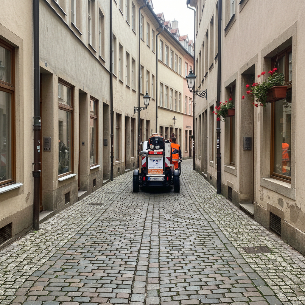 Enge Fußgängerzone mit verwinkelten Wegen – Einsatz mit kompaktem Elektrofahrzeug