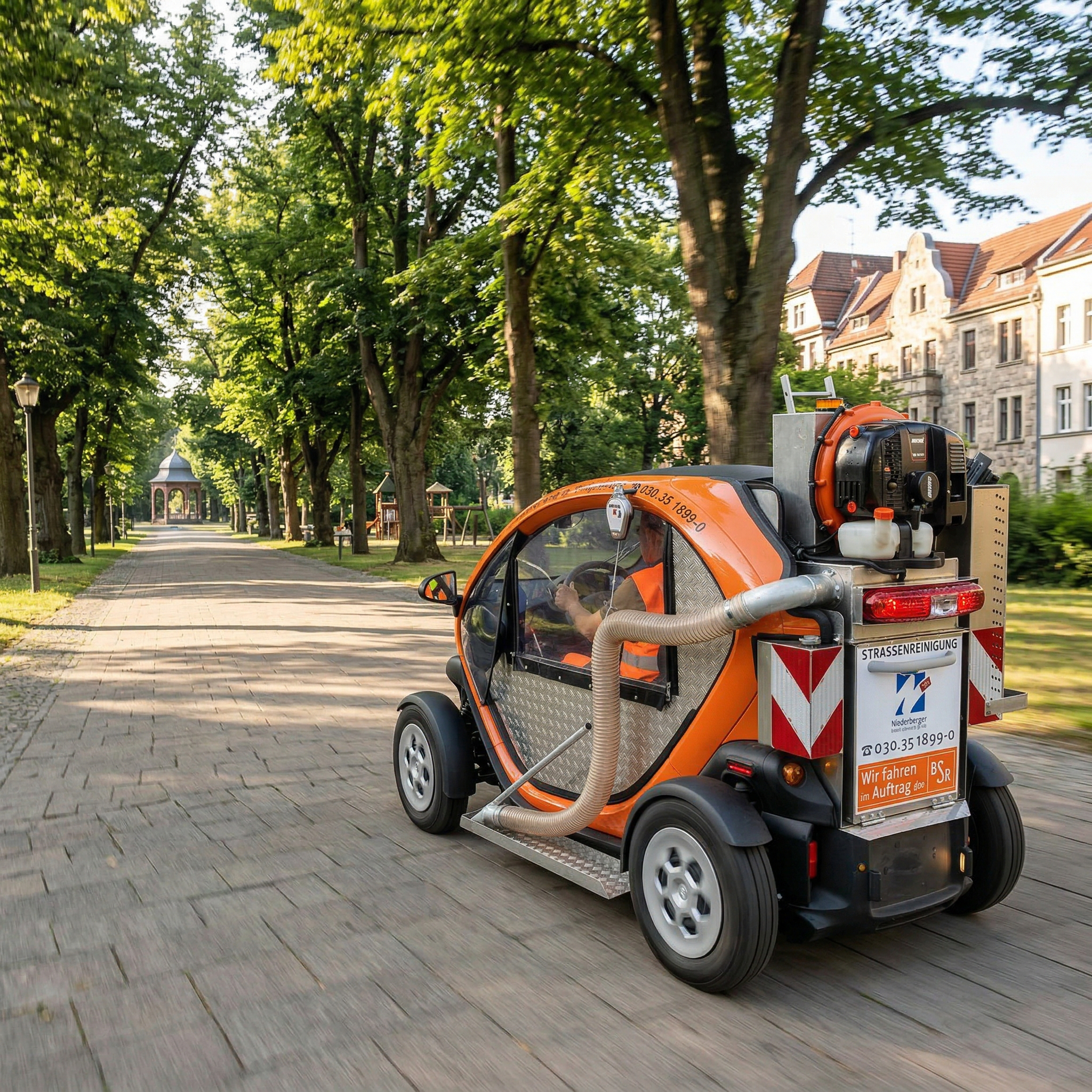 Weitläufiger Stadtpark mit mehreren Zugängen – Reinigung mit Elektrofahrzeug