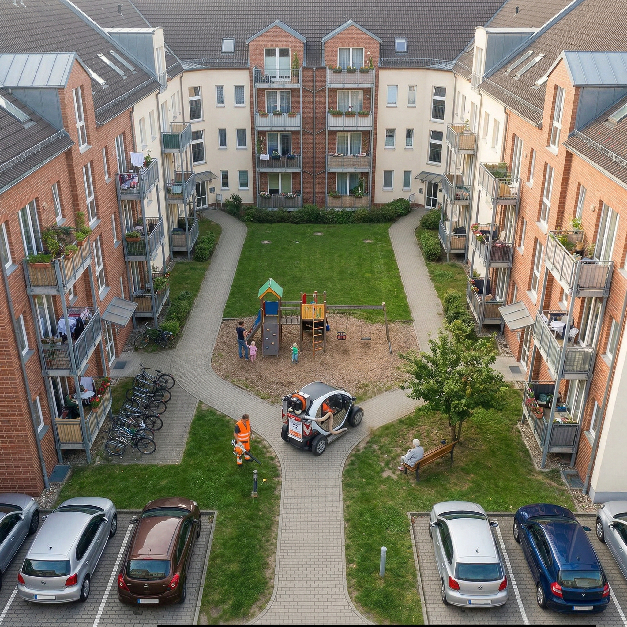 Wohnquartier mit Innenhöfen – leise Hundekotbeseitigung mit Elektrofahrzeug